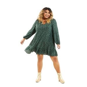 Arula Leopard Print Green Shift Dress Size A/XL Long Sleeve Knee Length V-Neck